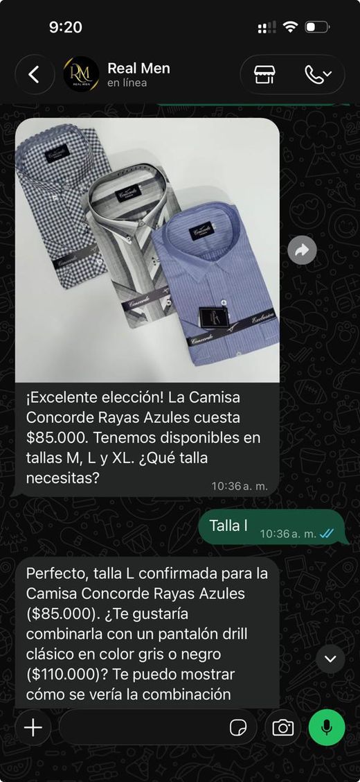 El agente envía la foto de la camisa elegida, el precio y las tallas, y sugiere un pantalón